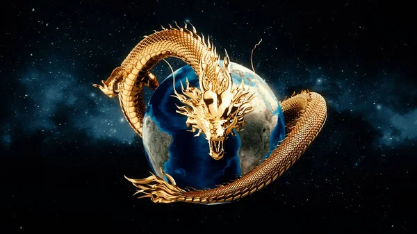 Золотий Китайський Дракон Розумна Поза Навколо Земної Кулі Небо Фон Стокова Картинка