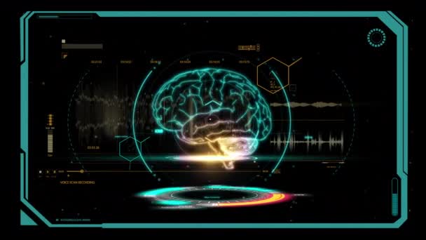 ヒュー 情報表示ホログラムモーションスキャン脳未来的モーショングラフィック概念3Dレンダリング — ストック動画