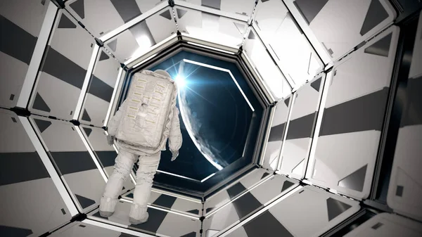 Astronauta Stand Astronave Cercando Luna Fuori Con Rendering — Foto Stock