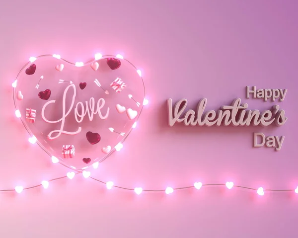 Boldog Valentin Napi Kártya Tapéta Digitális Világítással Üveg Szív Modell — Stock Fotó