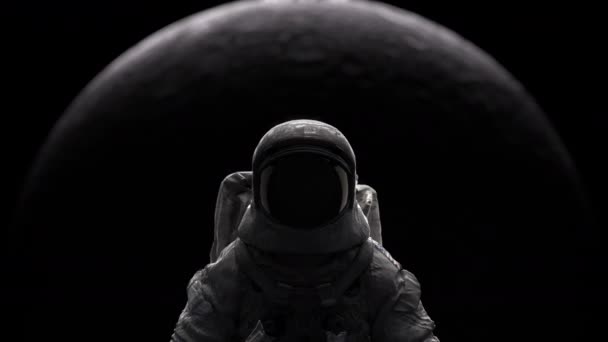 Космонавт Скафандром Стоящим Фоне Галактики Луны — стоковое видео