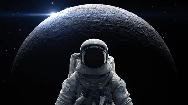 Космонавт Космическом Люксе Перед Луной Яркой Галактикой — стоковое фото