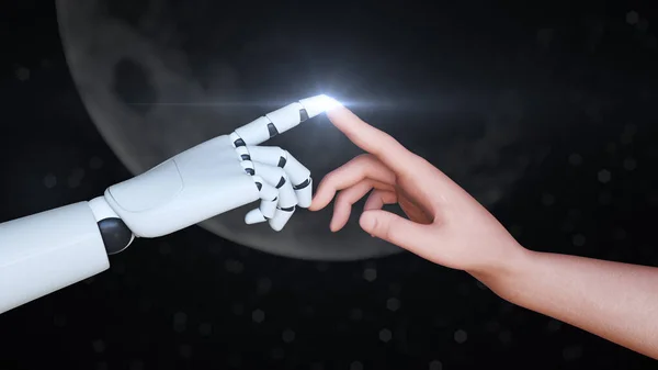 Connection Human Robot Finger Night Time Have Moon Background Rendering — Stock Photo, Image