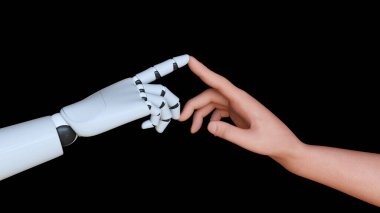 İnsan ve robot arasındaki bağlantı parmak 3D biçimlendirme fütüristik kavramsal alfa yolu içerir.