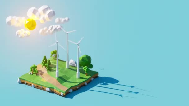 Ecologische Aarde Land Simulatie Laag Polygon Model Met Windmolen Animatie — Stockvideo