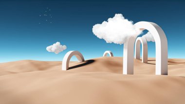 Gökyüzü ve sürü arkaplan ile çöl manzarası üzerinde 3D sahne kemeri modelleme.