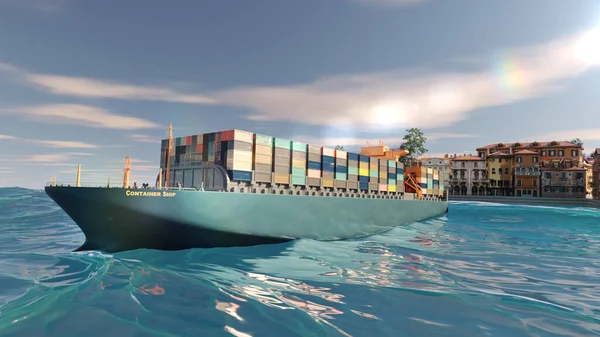 Container ship export and import transportation from city in ocean with 3d rendering.