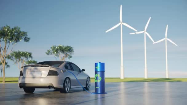 Animation Electric Car Charging Natural Park Windmill Loop Animation Ecology — Vídeos de Stock