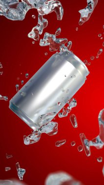 Kırmızı arkaplanda tatlı su sıçraması olan 3 boyutlu alüminyum rendeleme kutusu. Dikey boyut resmetme gerçekçi kavramsal.