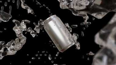 Metalik teneke kutudan saf su sıçraması. Görsel efekt simülasyonu kavramsal..