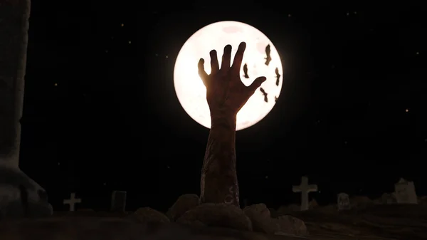 Zombie hand  come from the floor  at tomb land with full moon and bat in the background.3D rendering on Halloween festival days.