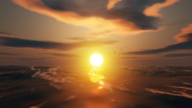 Gün batımında gökyüzünde ve okyanusta 3 boyutlu görüntülerle uçan kuş sürüsü..