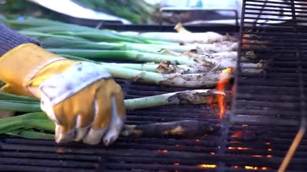 Mann Mit Handschuhen Sich Vor Dem Feuer Des Grills Schützen — Stockvideo