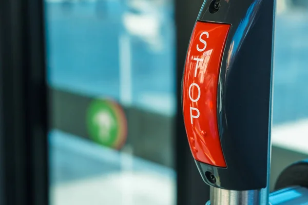 Red Stop Button Bus Streetcar Press Button Request Bus Driver — Fotografia de Stock