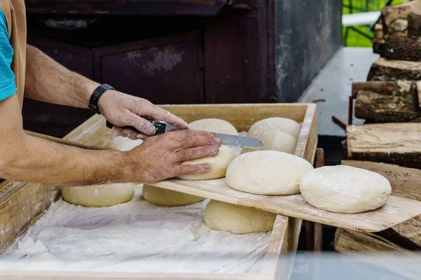 Man Hands Working Dough Wooden Counter Make Homemade Bread Sourdough — Stock Photo, Image