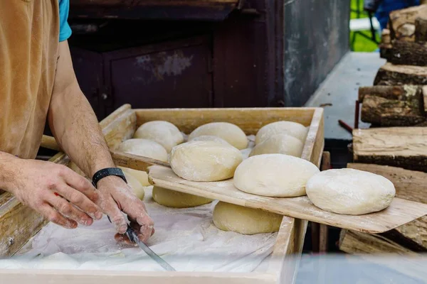 Man Hands Working Dough Wooden Counter Make Homemade Bread Sourdough — Stock Photo, Image