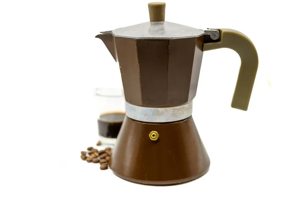 Italian Coffee Maker Glass Tumbler Espresso Roasted Coffee Beans — Stok fotoğraf
