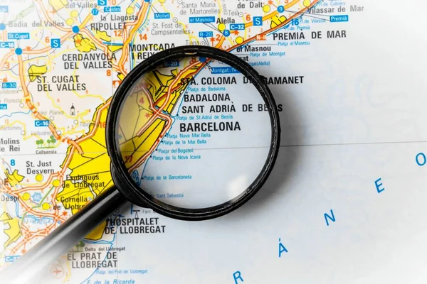 Travel destination search, Barcelona, Spain. Located on the road map