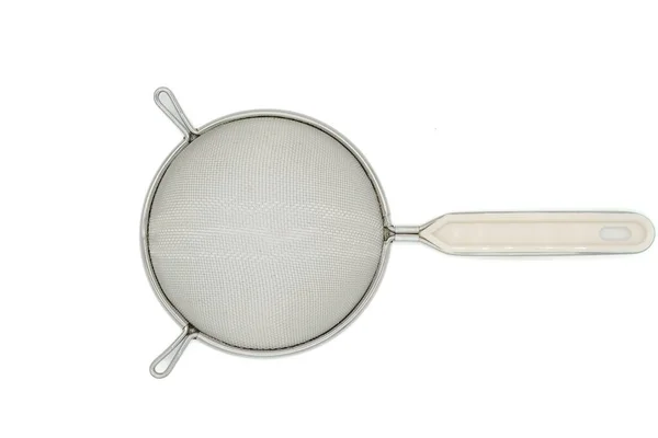 Metal Sieve White Plastic Handle Isolated White Background Top View — 스톡 사진