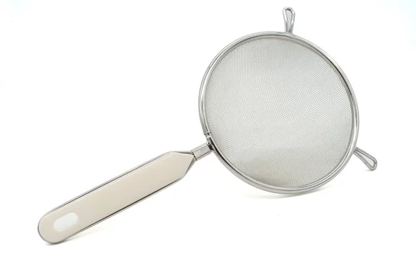 Metal Sieve White Plastic Handle Isolated White Background Top View — 图库照片
