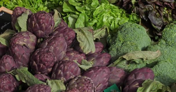 Légumes Frais Sur Étals Dans Marché Sud France — Video