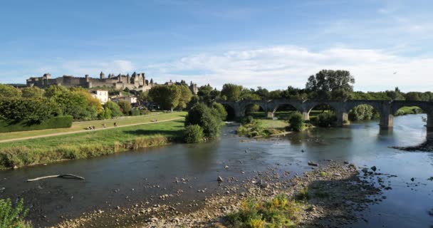 Carcassonne Pont Vieux Przecinają Rzekę Aude Francji — Wideo stockowe