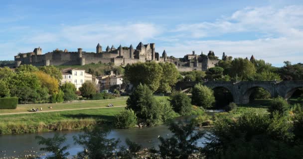 Carcassonne Pont Vieux Attraversano Fiume Aude Francia — Video Stock