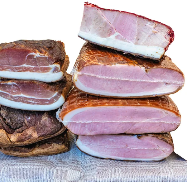Sortiment Produse Din Carne Porc Afumată Față Masă Izolată Fundal — Fotografie, imagine de stoc