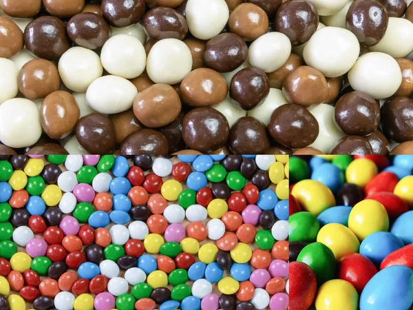 チョコレートとナッツと異なる味のボールのコラージュ — ストック写真