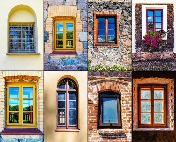 Collage Antiker Fenster Auf Mauerwerk Und Steinmauern Sommer — Stockfoto
