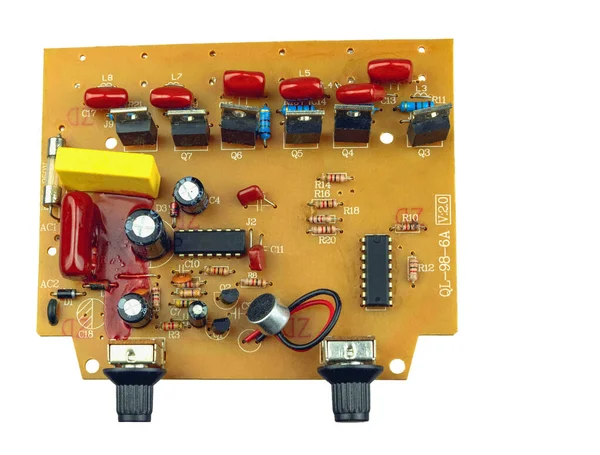 Details Van Oude Elektronica Met Druppelcondensatoren Geïsoleerd Een Witte Achtergrond — Stockfoto