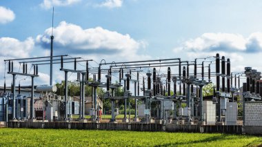high-voltage electrical substation, transformer for distributing energy to various networks. Panevezys. Lithuania. 23. 07. 2022.