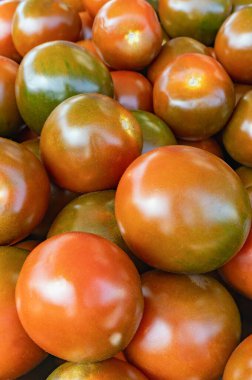 a bunch of different colored healthy tomatoes in an outdoor market background close up in daylight