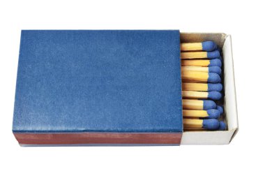 Horizontal blue matchbox with matches on white background isolated with space for text