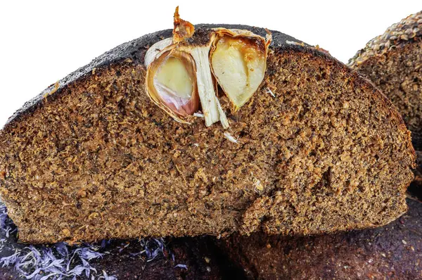 View Freshly Baked Dark Homemade Bread Crumb Garlic Market — Stock Photo, Image
