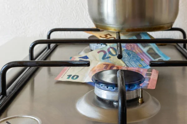 Gas stove burner blue flame with euro money, blurred background crisis success
