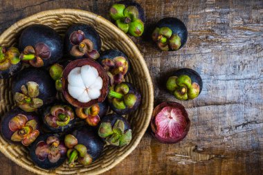 Fresh mangosteen fruit in a basket on the table