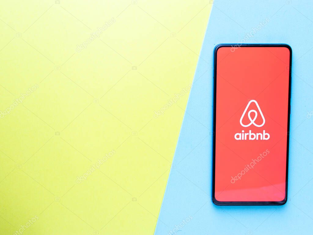 Assam, India - August 6, 2021 : Airbnb logo on phone screen stock image.