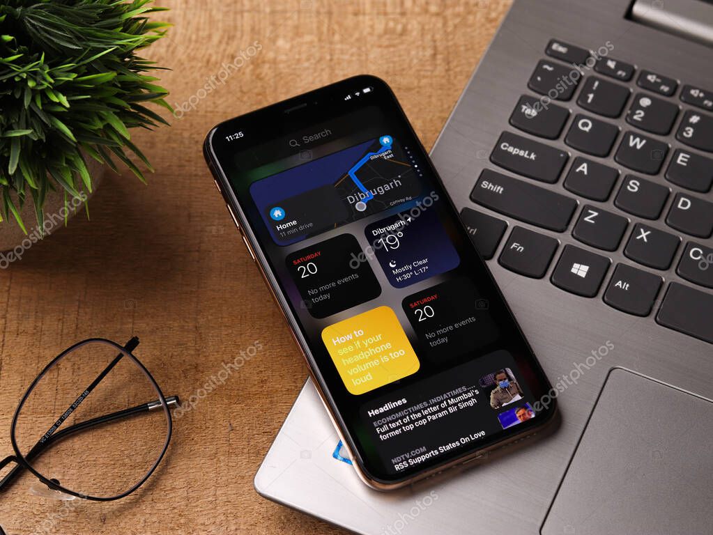 Assam, india - March 30, 2021 : IOS14 widget on phone screen stock image.