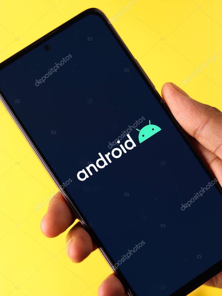 Assam, india - May 29, 2021 : Android logo on phone screen stock image.