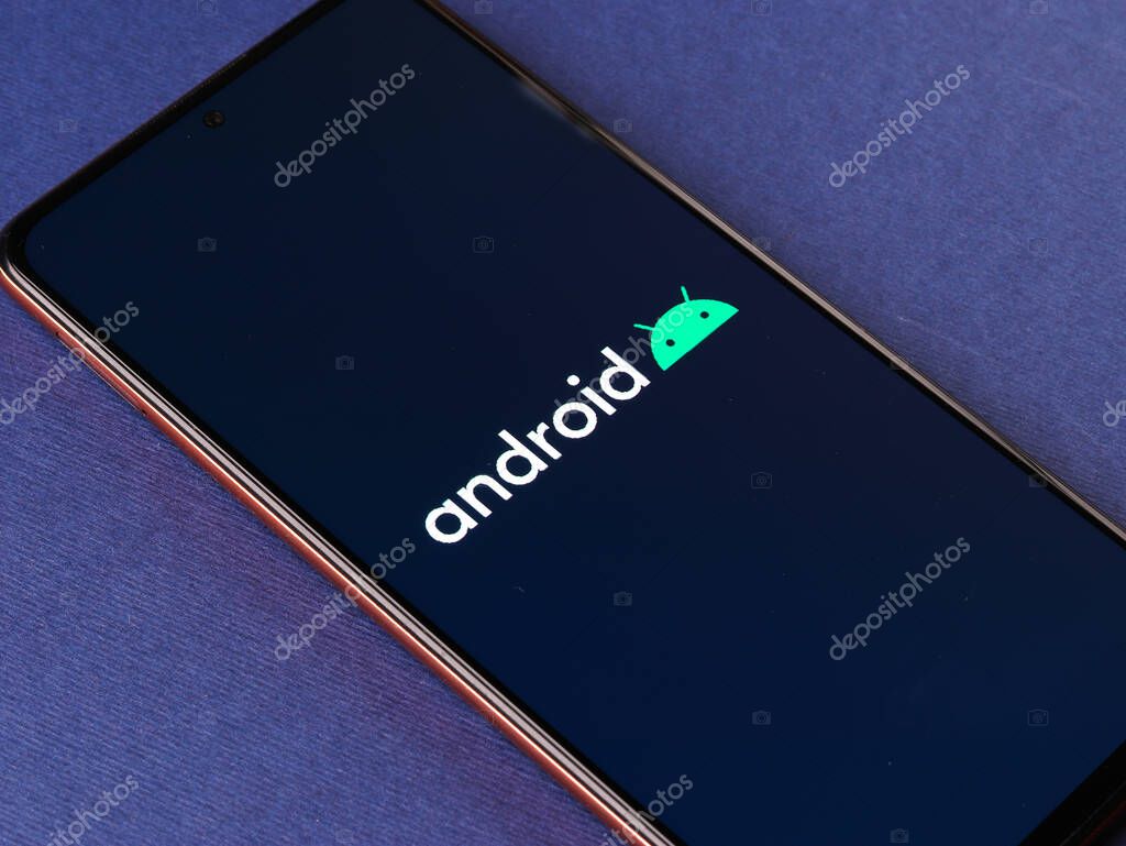 Assam, india - May 29, 2021 : Android logo on phone screen stock image.