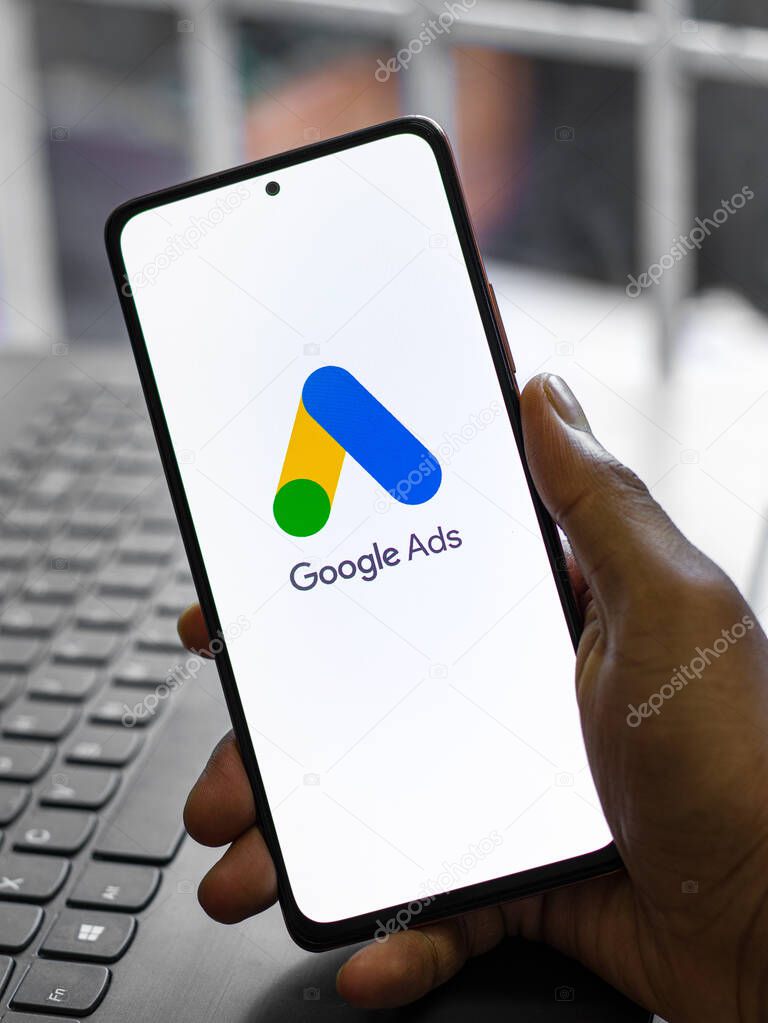 Assam, india - January 31, 2021 : Google Ads logo on phone screen stock image.