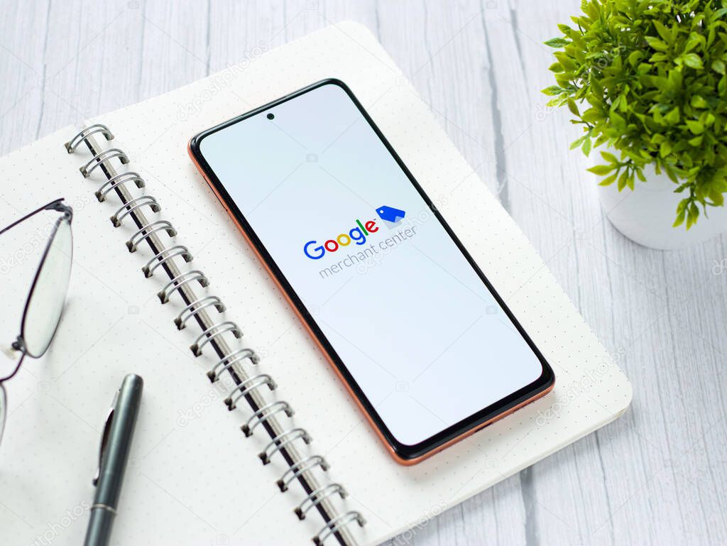 Assam, india - May 29, 2021 : Google Merchant Center logo on phone screen stock image.
