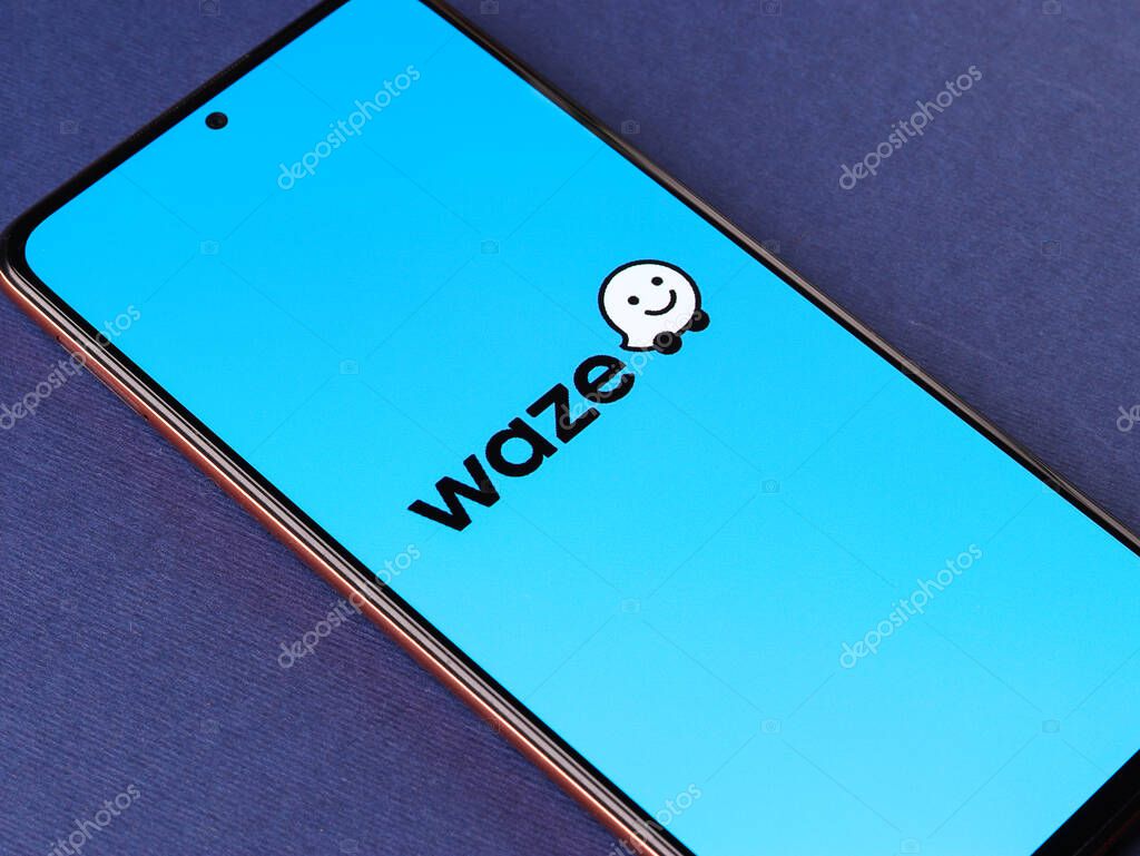 Assam, india - May 29, 2021 : Waze logo on phone screen stock image.