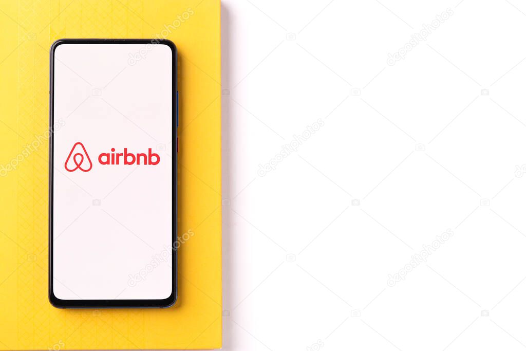 Assam, India - August 6, 2021 : Airbnb logo on phone screen stock image.
