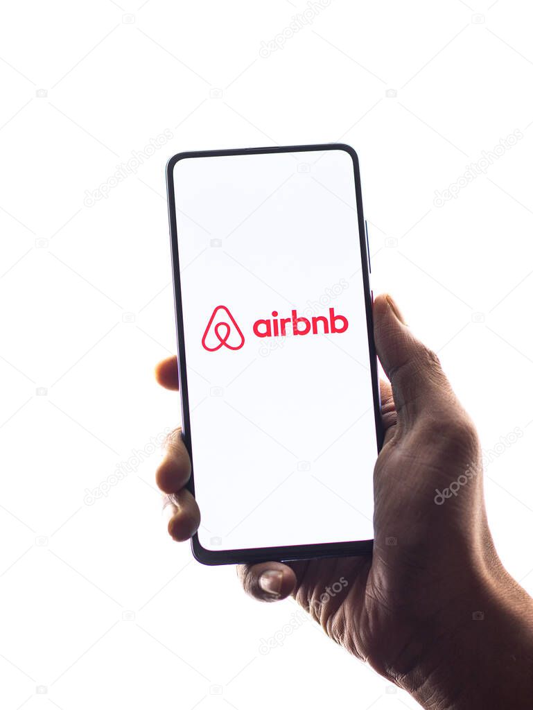 Assam, India - August 6, 2021 : Airbnb logo on phone screen stock image.