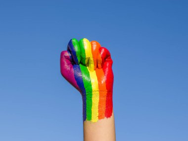 lgbtq topluluğu için gökkuşağı renginde yükseltilmiş bir yumruğun fotoğrafı.