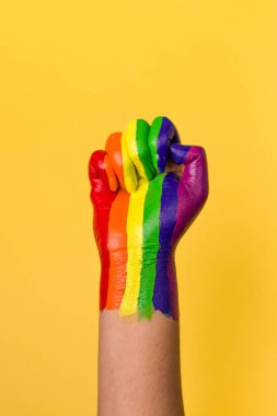 lgbtq topluluğu için gökkuşağı renginde yükseltilmiş bir yumruğun fotoğrafı.