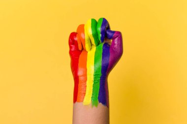 lgbtq topluluğu için gökkuşağı renginde yükseltilmiş bir yumruğun fotoğrafı.