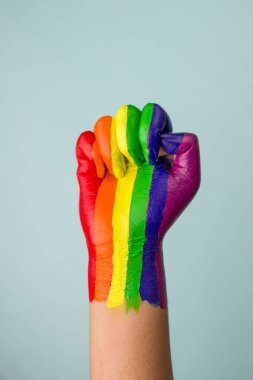 lgbtq topluluğu için gökkuşağı renginde yükseltilmiş bir yumruğun fotoğrafı.